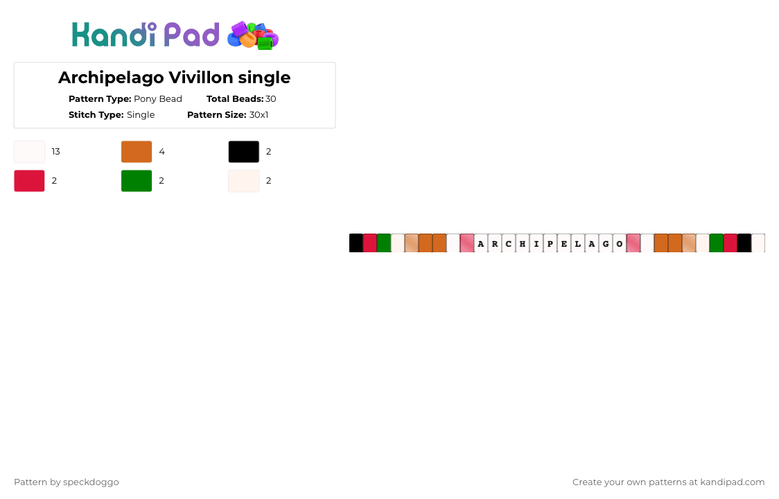 Archipelago Vivillon single - Pony Bead Pattern by speckdoggo on Kandi Pad - white,red,orange,butterfly,single,pokemon,archipelago,vivillon,coral orange