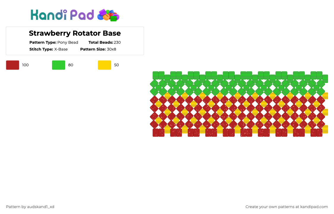 Strawberry Rotator Base - Pony Bead Pattern by audskand1_xd on Kandi Pad - red,green,strawberry,cake,fruit,cuff,rotator