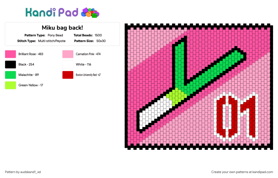 Miku bag back! - Pony Bead Pattern by audskand1_xd on Kandi Pad - 01, anime, bag, gaming, hatsune miku, miku, pink, vocaloid