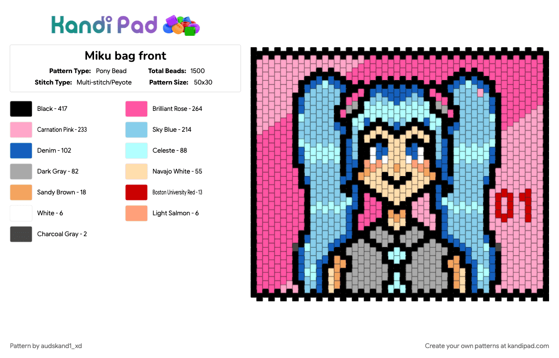 Miku bag front - Pony Bead Pattern by audskand1_xd on Kandi Pad - 01, anime, bag, character, gaming, hatsune miku, light blue, miku, pink, vocaloid