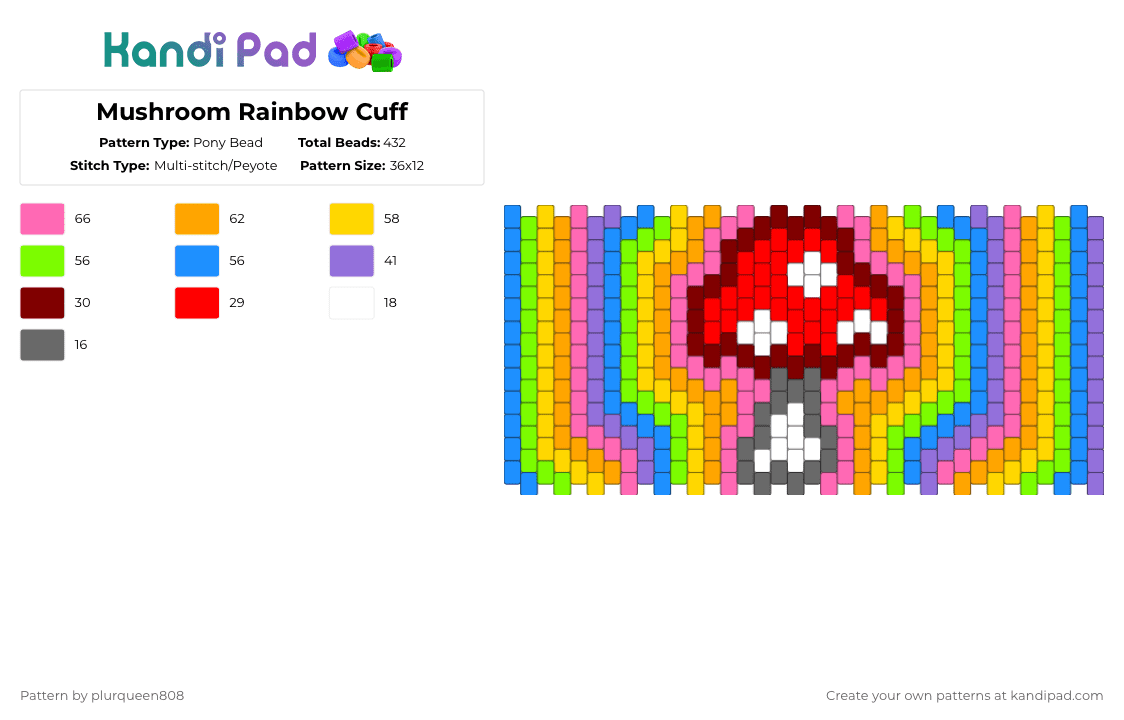 Mushroom Rainbow Cuff - Pony Bead Pattern by plurqueen808 on Kandi Pad - orange,green,purple,colorful,mushroom,kandi,rave,cuff,rainbow,trippy,rainbow cuff,mushroom cuff