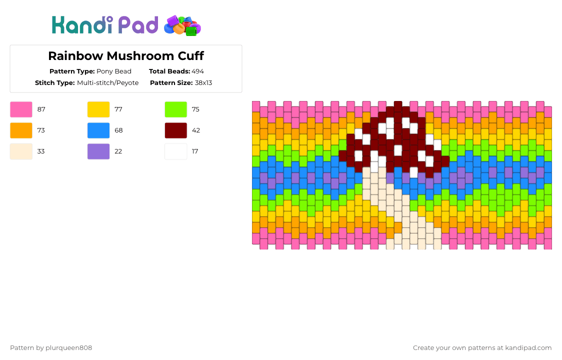 Rainbow Mushroom Cuff - Pony Bead Pattern by plurqueen808 on Kandi Pad - orange,green,colorful,kandi,cuff,rave,mushroom,rainbow
