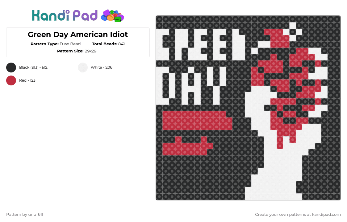 Green Day American Idiot - Fuse Bead Pattern by uno_611 on Kandi Pad - white,red,music,band,rock,punk