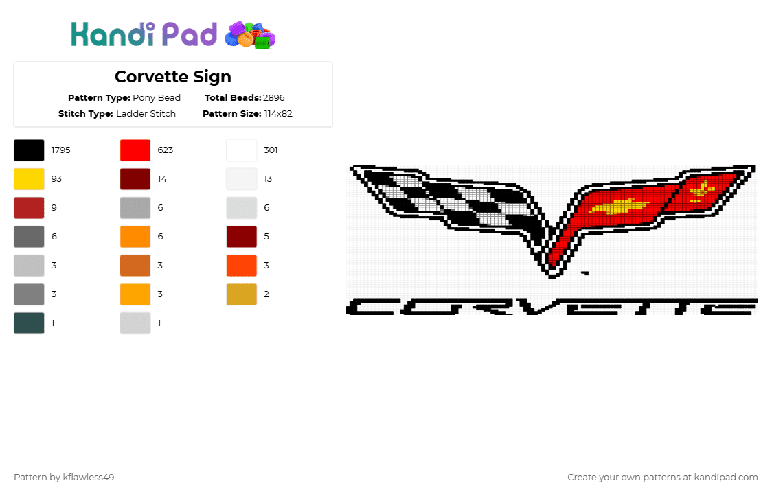 Corvette Sign Pony Bead Pattern - Kandi Pad | Kandi Patterns, Fuse Bead ...
