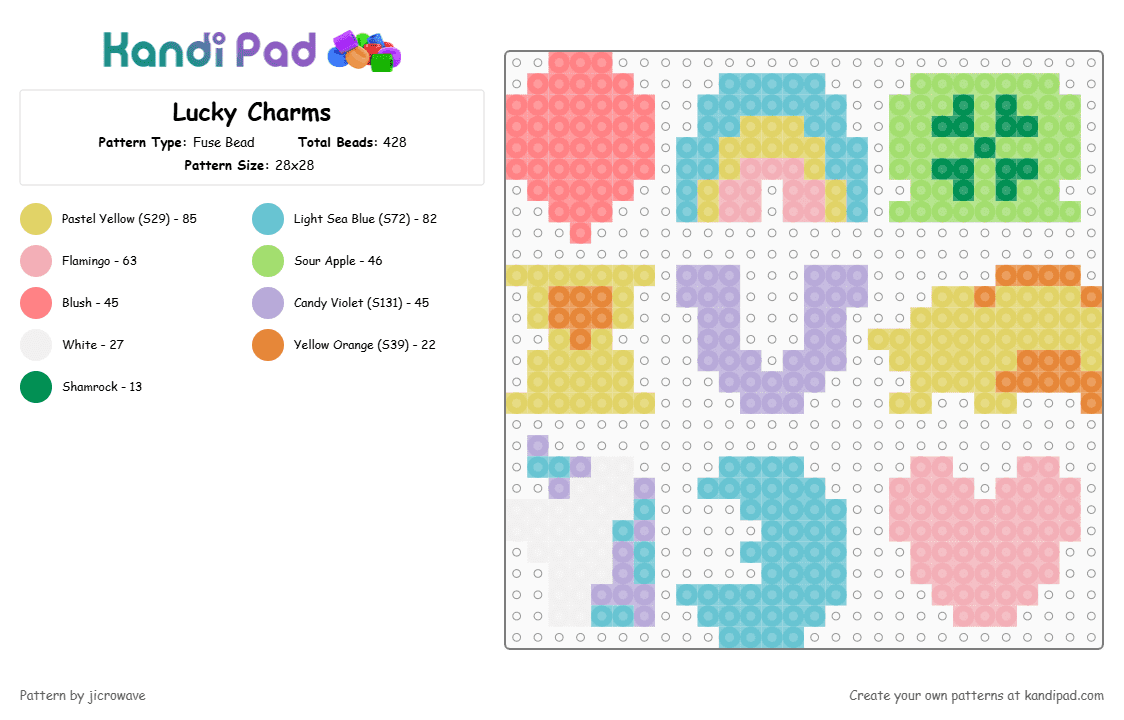 Lucky Charms Cereals - Fuse Bead Pattern by jicrowave on Kandi Pad - marshmallows,green,light blue,yellow,beige,cereal,treats,sweettreats,small perler,perler