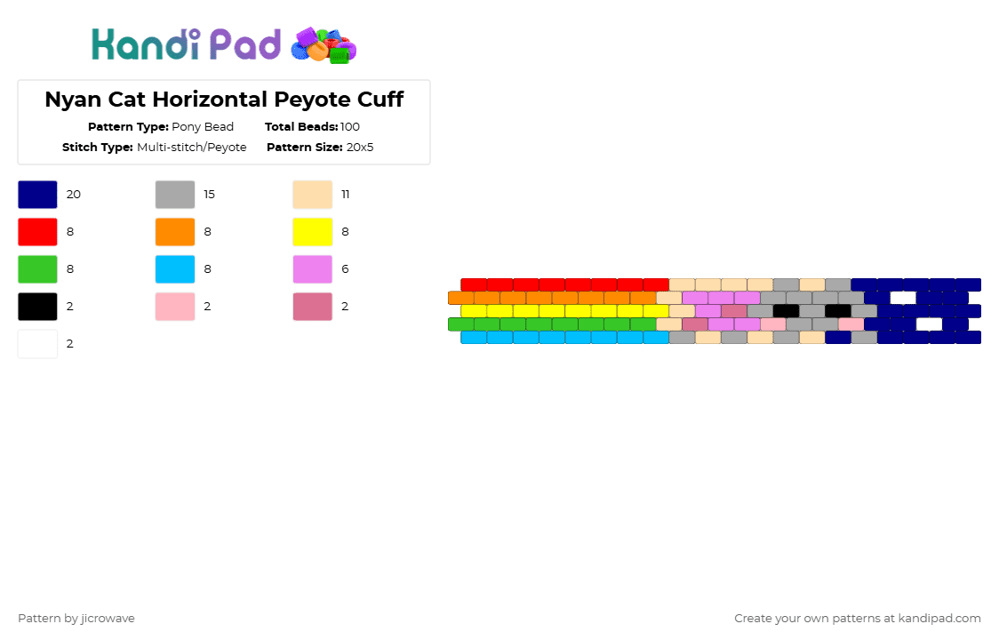 Nyan Cat Horizontal Peyote Cuff - Pony Bead Pattern by jicrowave on Kandi Pad - beige,purple