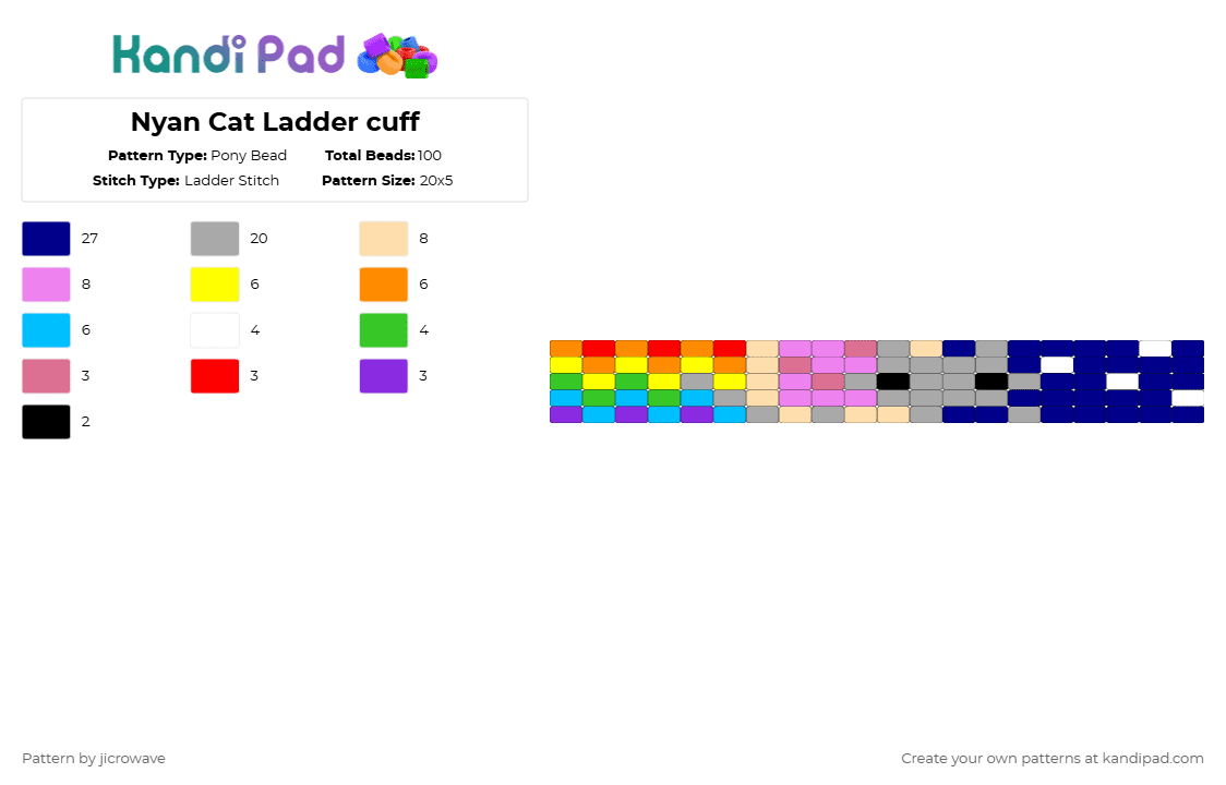 Nyan Cat Ladder cuff - Pony Bead Pattern by jicrowave on Kandi Pad - beige,purple,pink