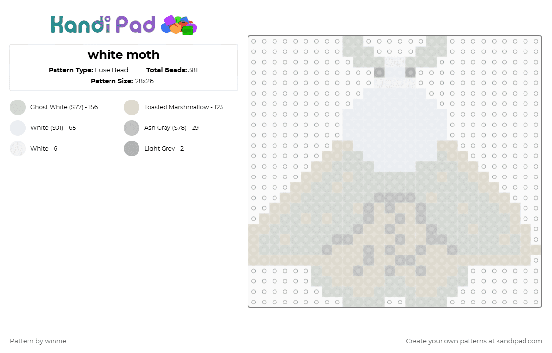 white moth - Fuse Bead Pattern by mattie on Kandi Pad - white,beige,moth,bug