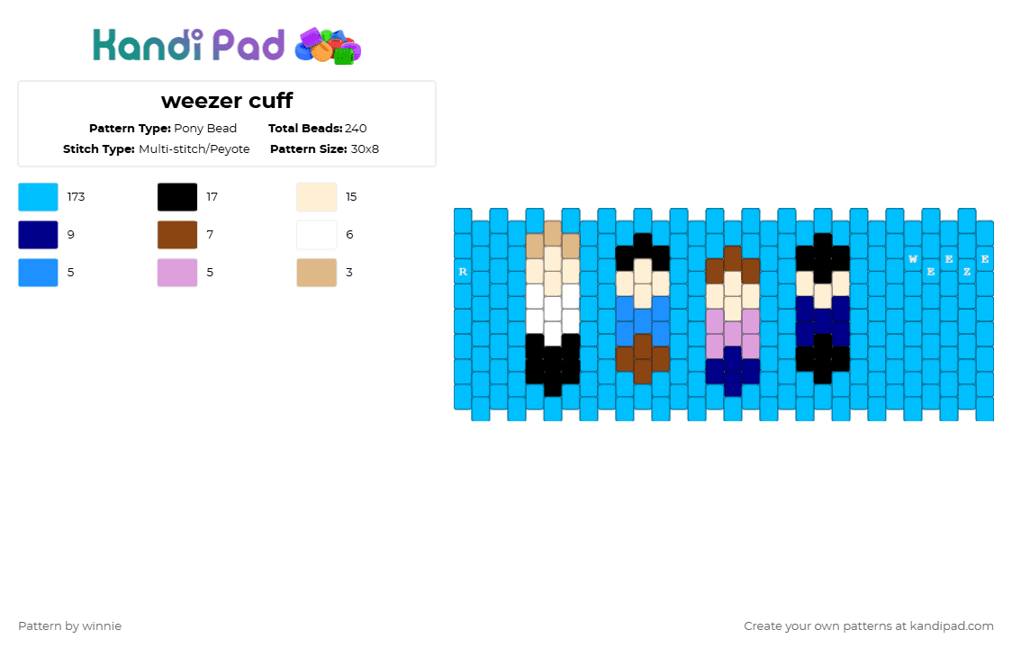 weezer cuff - Pony Bead Pattern by mattie on Kandi Pad - light blue,weezer