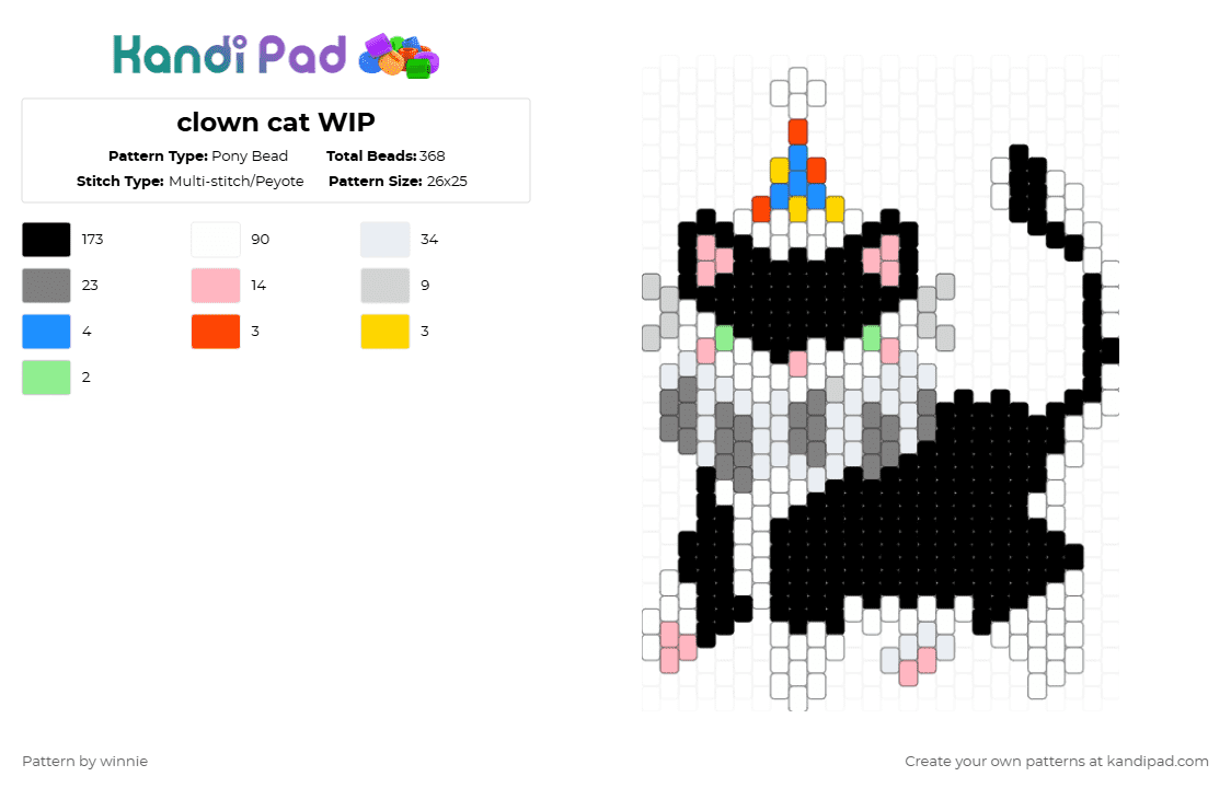 clown cat - Pony Bead Pattern by mattie on Kandi Pad - black,white,pink,gray,cat