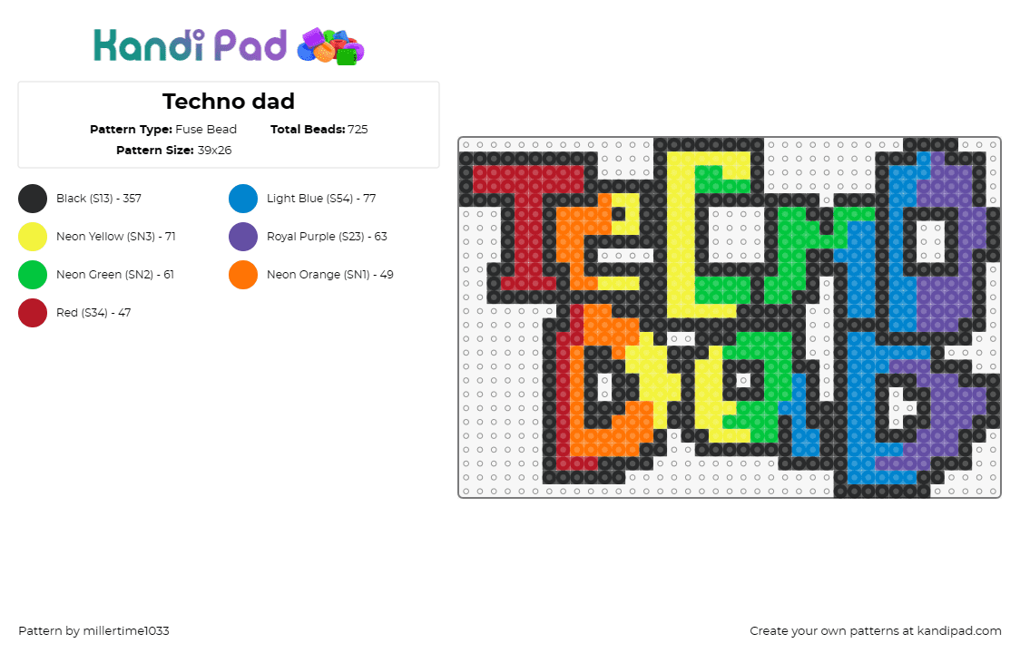 Techno dad - Fuse Bead Pattern by millertime1033 on Kandi Pad - techno dad,text,edm,colorful,rainbow,funky,trippy,music