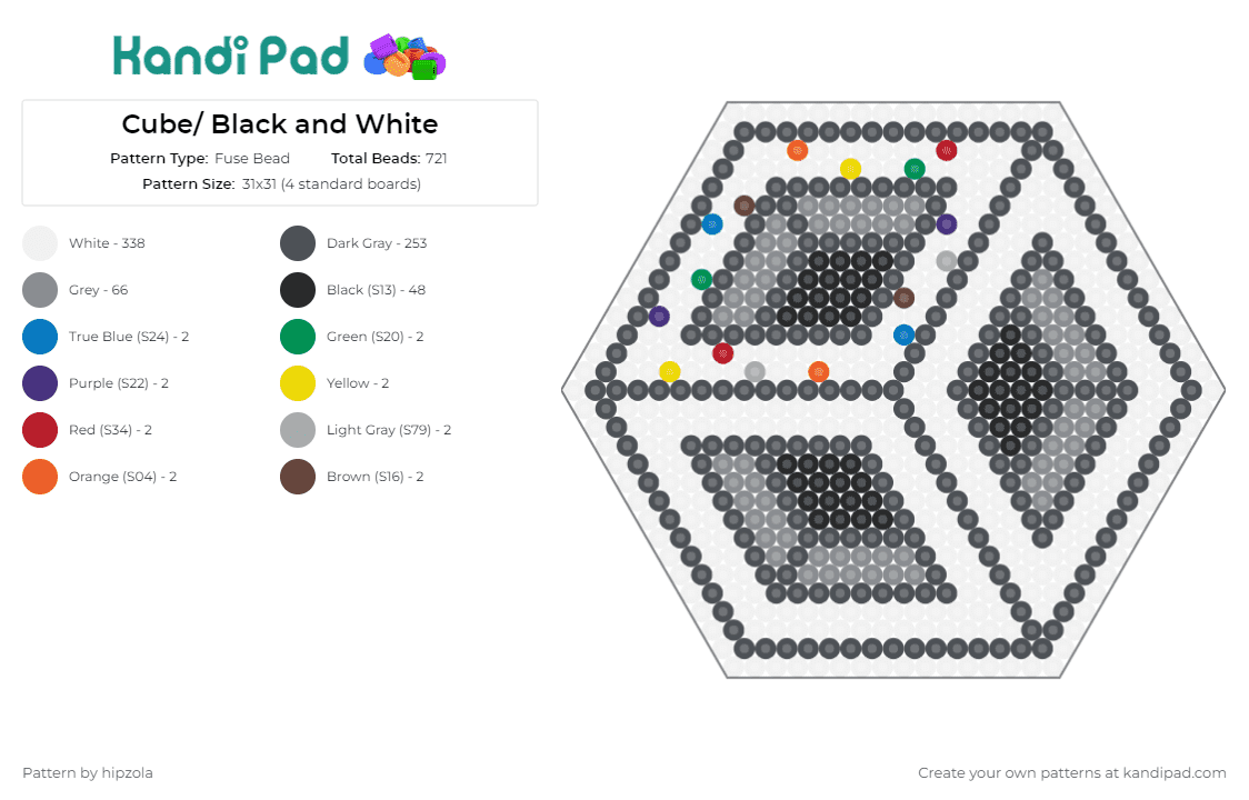 Cube/ Black and White - Fuse Bead Pattern by hipzola on Kandi Pad - cube,3d,geometric,optical illusion,abstract,hexagon,monochrome,black,white