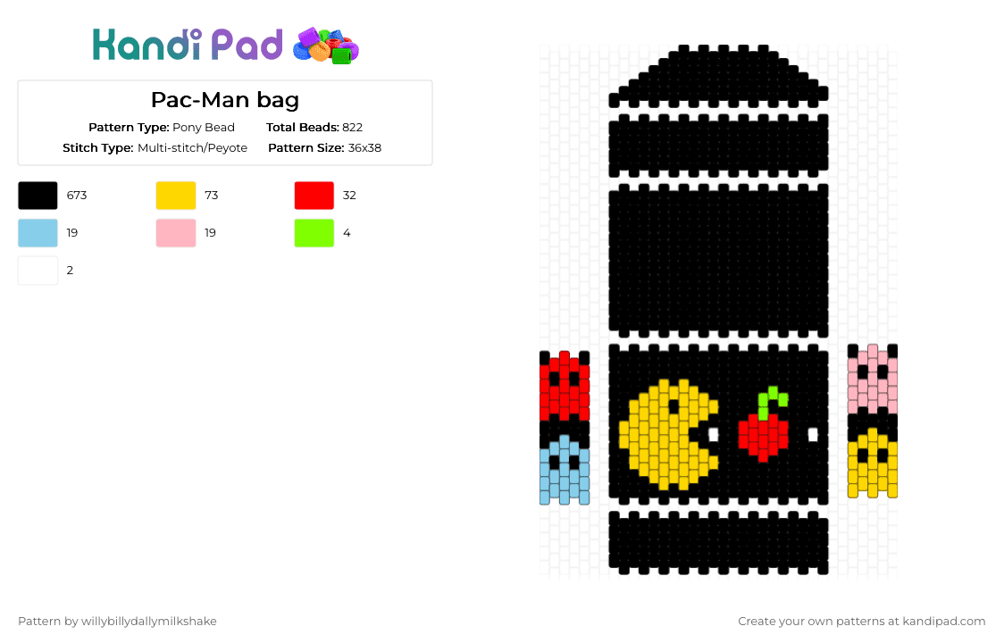 Pac-Man bag - Pony Bead Pattern by willybillydallymilkshake on Kandi Pad - black,yellow,red