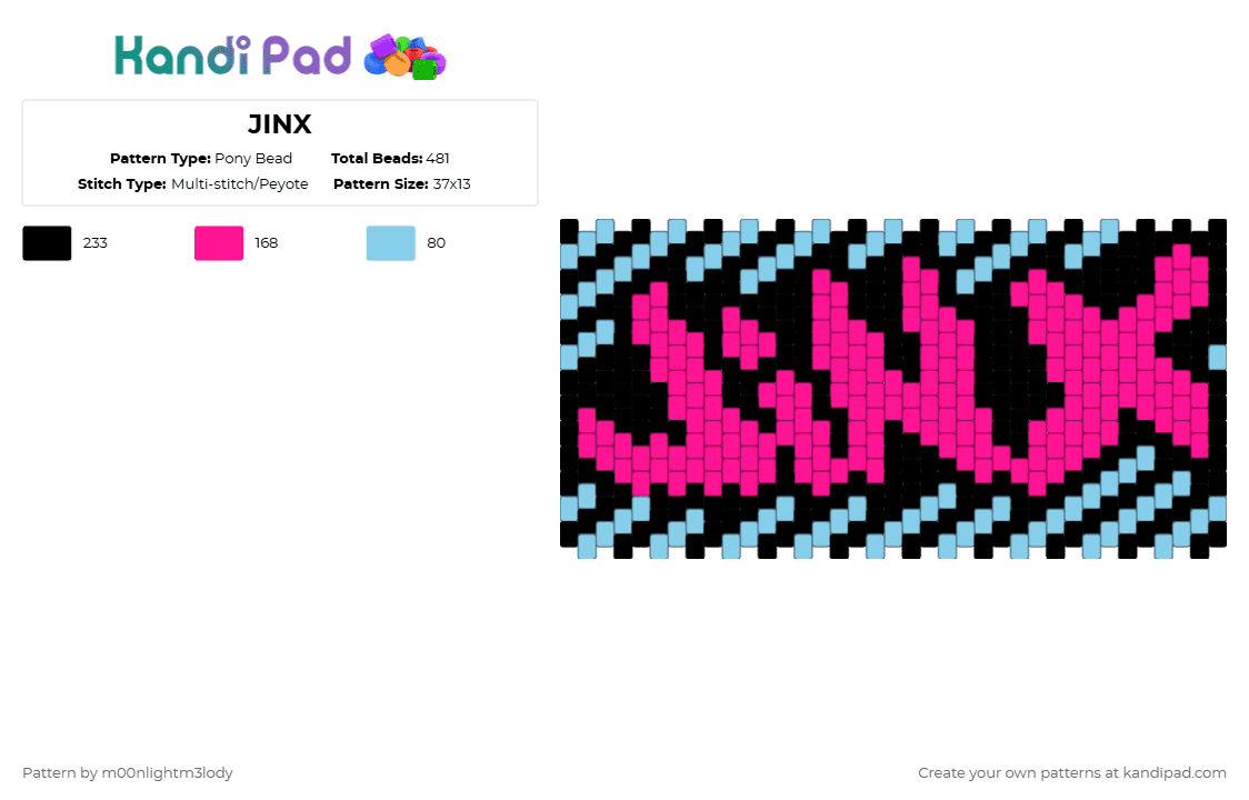 JINX - Pony Bead Pattern by m00nlightm3lody on Kandi Pad - video game,anime,cartoon,character,gaming,tv show,light blue,pink,arcane jinx,jinx,arcane,boom