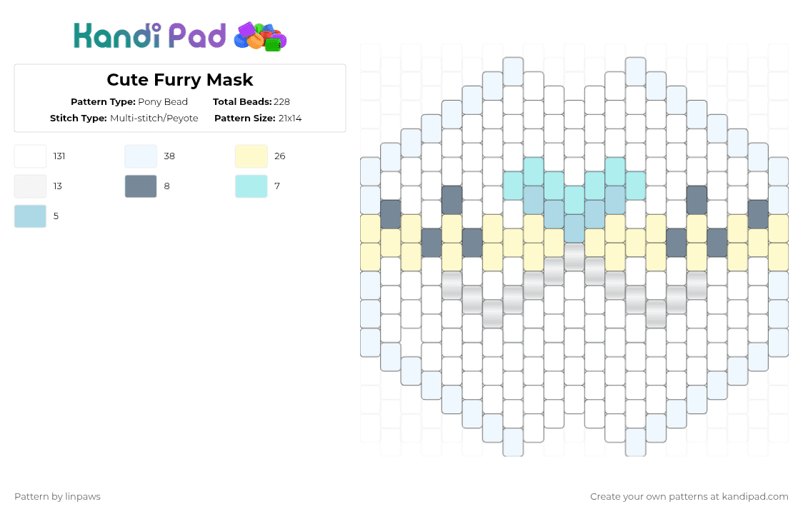 Cute Furry Mask - Pony Bead Pattern by linpaws on Kandi Pad - white,yellow,furry,fursona,cat