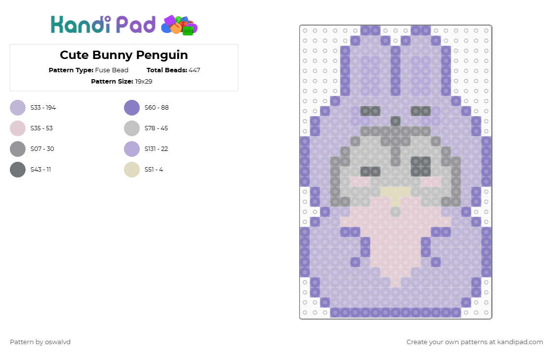 Cute Bunny Penguin - Fuse Bead Pattern by oswalvd on Kandi Pad - cute, kawaii, pastel, penguin, pink, purple