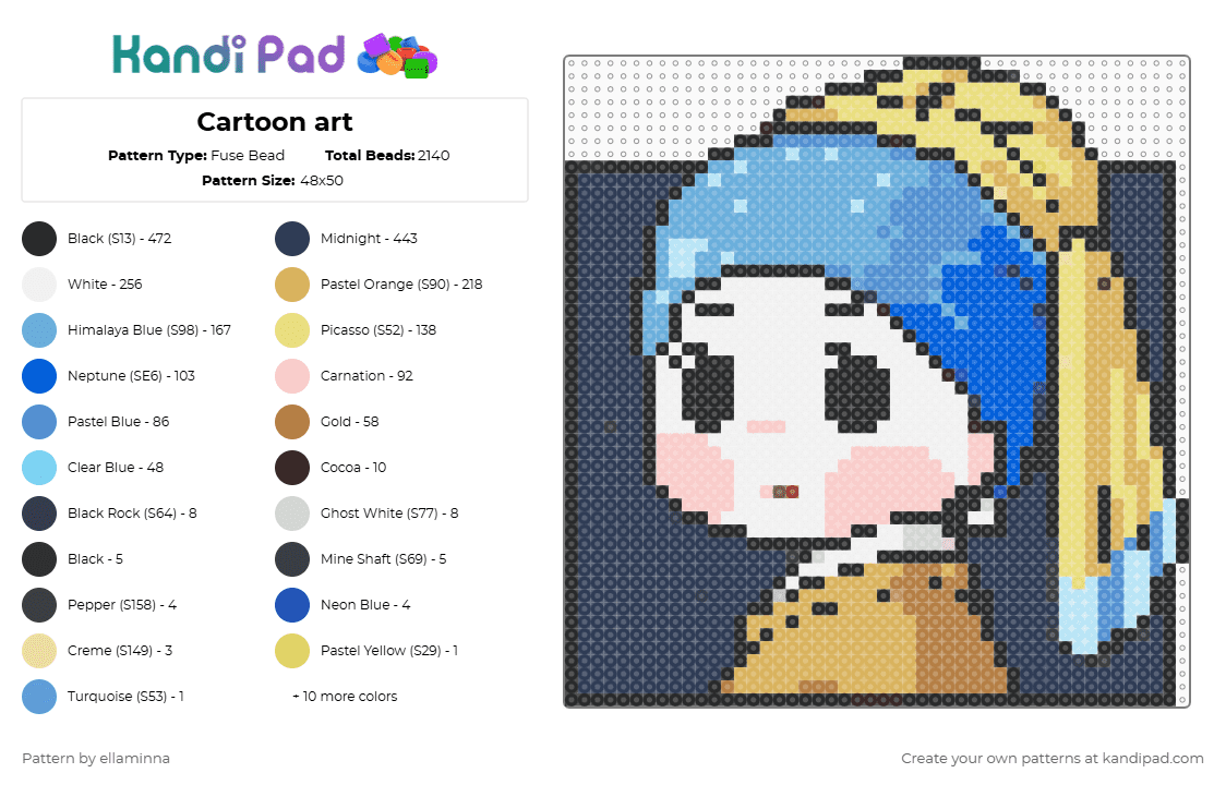 Girl with the pearl earrings - Fuse Bead Pattern by ellaminna on Kandi Pad - girl,pearl,earrings,portrait,painting,yellow,orange,light blue,purple