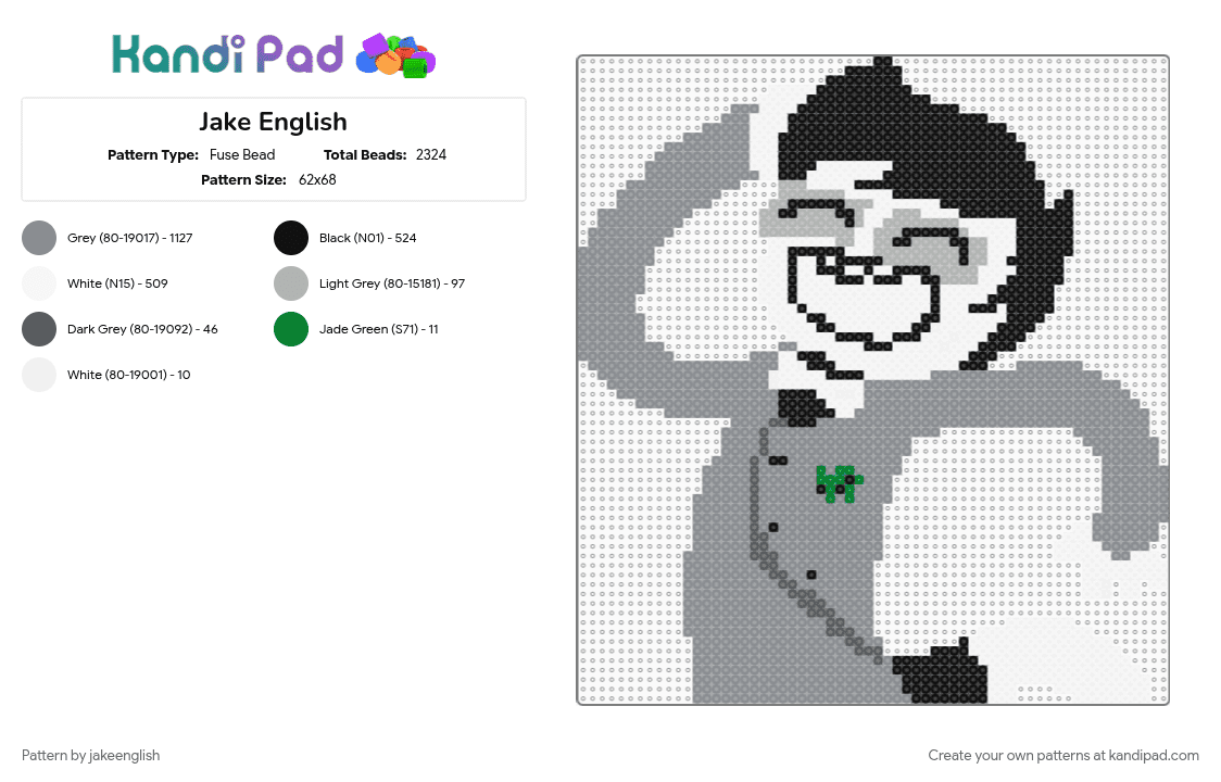 Jake English - Fuse Bead Pattern by jakeenglish on Kandi Pad - black, comic, cute, gray, green, grey, homestuck, jake english, white