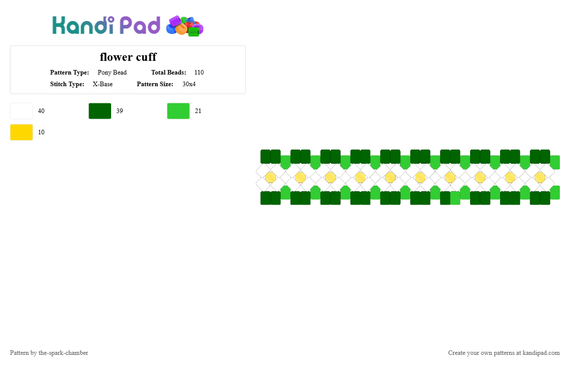 flower cuff - Pony Bead Pattern by the-spark-chamber on Kandi Pad - green,white,yellow,light green