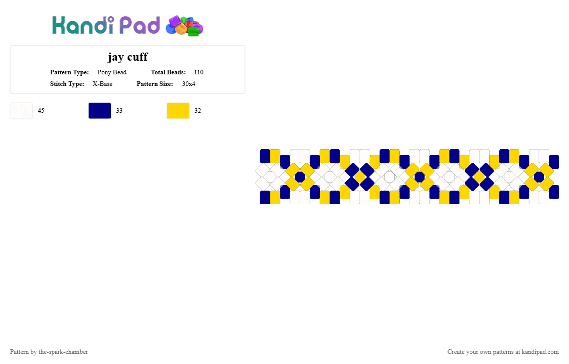 jay cuff - Pony Bead Pattern by the-spark-chamber on Kandi Pad - purple,yellow,blue,clear,glitter,ninjago,hero,x cuff