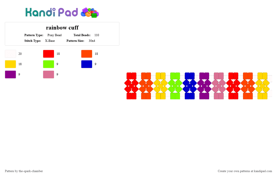 rainbow cuff - Pony Bead Pattern by the-spark-chamber on Kandi Pad - red,yellow,pink,rainbow,white