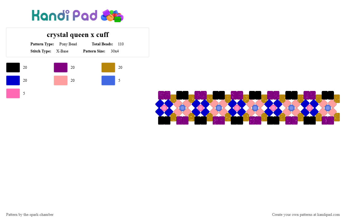 crystal queen x cuff - Pony Bead Pattern by the-spark-chamber on Kandi Pad - pink,gold,purple,beige,glow in the dark,glitter,black,blue,oc