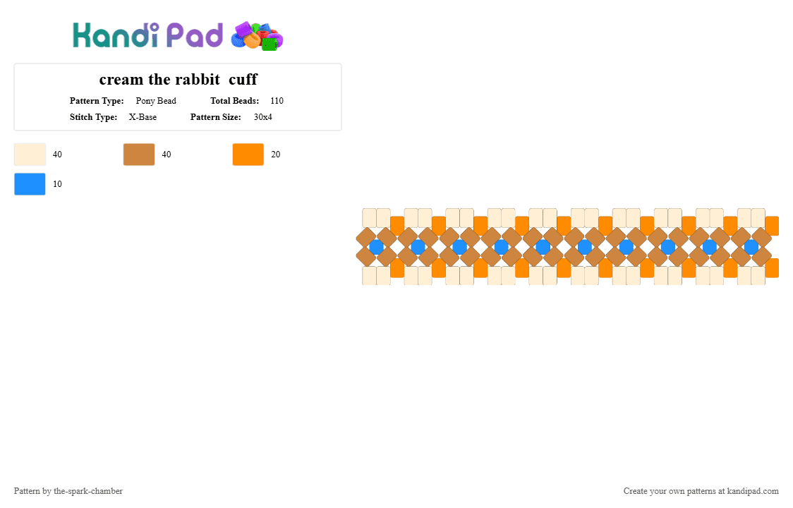 cream the rabbit  cuff - Pony Bead Pattern by the-spark-chamber on Kandi Pad - 2026, beige, blue, brown, cream, hero, orange, sonic, x base