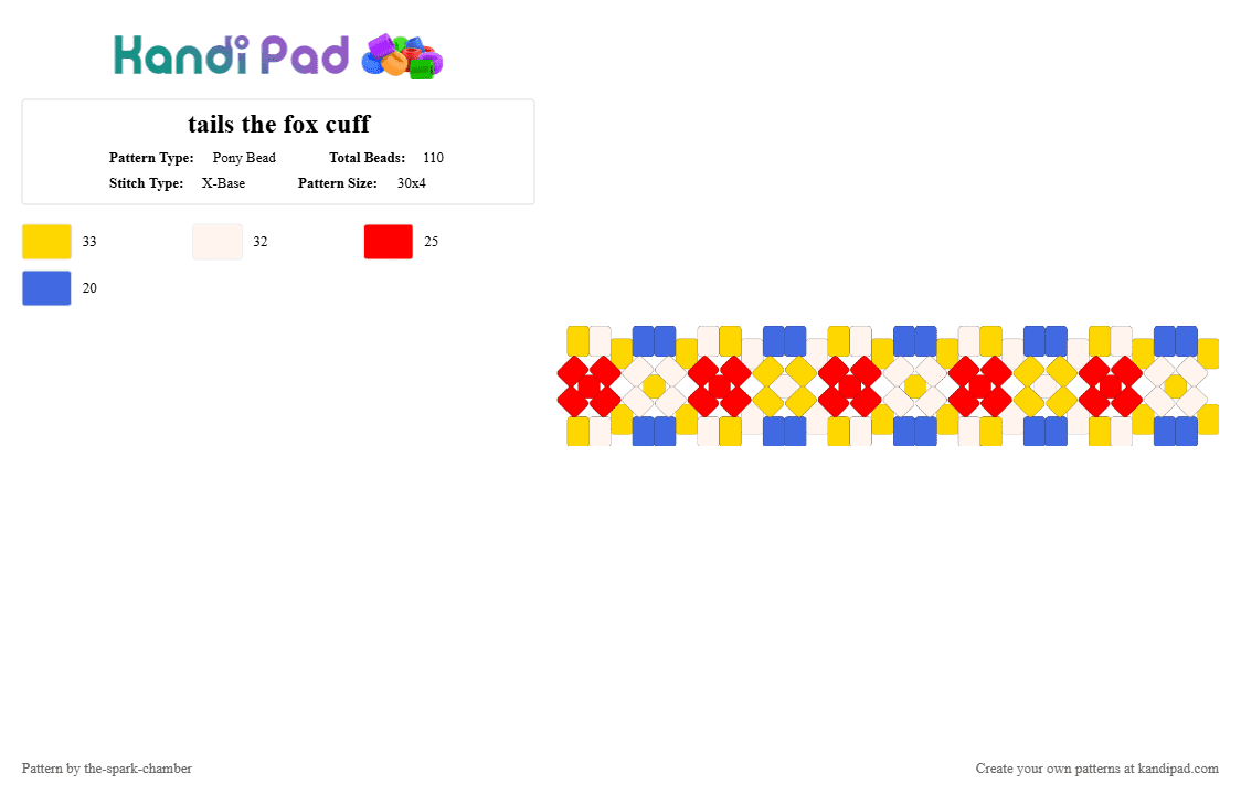 tails the fox cuff - Pony Bead Pattern by the-spark-chamber on Kandi Pad - yellow,red,white,blue,tails the fox,sonic the hedgehog,sidekick,hero