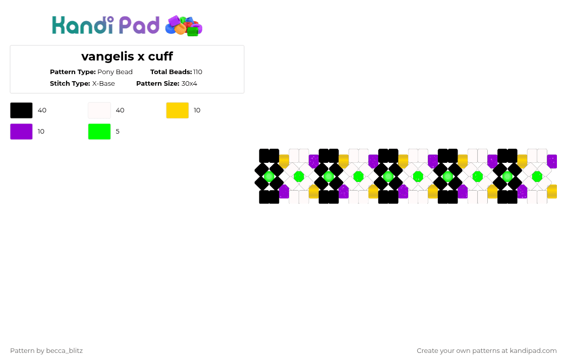 vangelis x cuff - Pony Bead Pattern by the-spark-chamber on Kandi Pad - white,yellow,purple,green