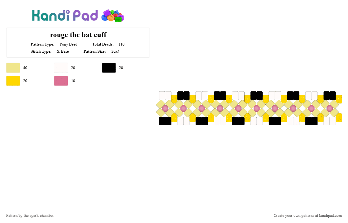 rouge the bat cuff - Pony Bead Pattern by the-spark-chamber on Kandi Pad - yellow,pink,black,white,beige,gold,glitter,glow in the dark,villan