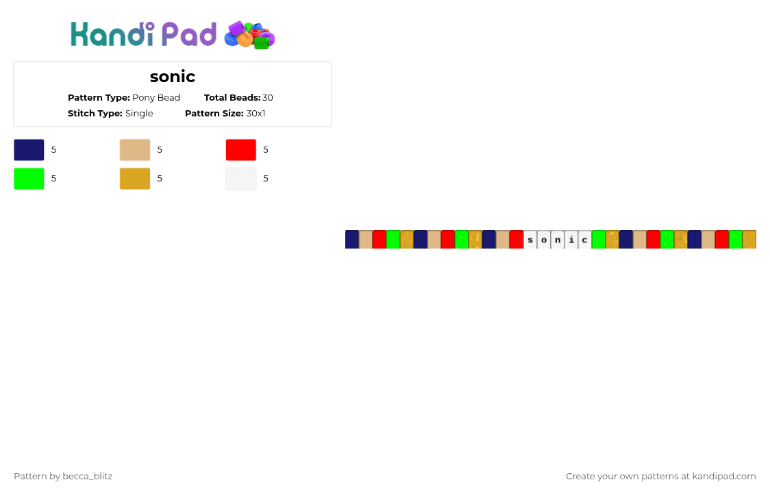 sonic - Pony Bead Pattern by the-spark-chamber on Kandi Pad - beige,green,colorful