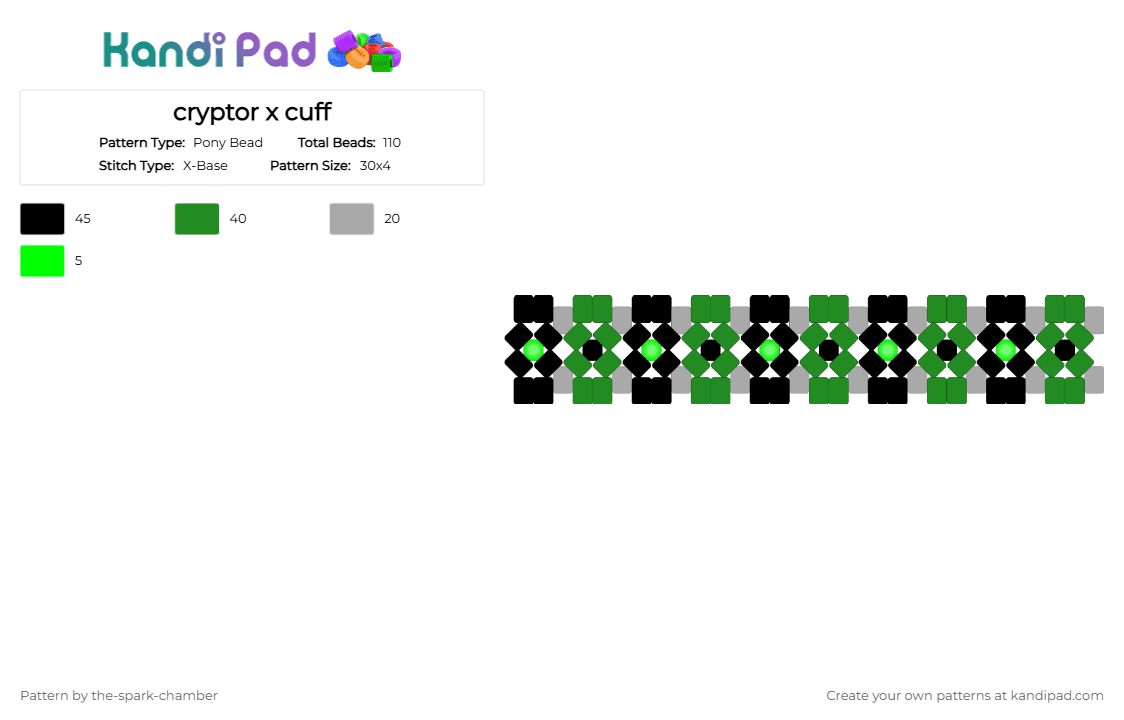 cryptor x cuff - Pony Bead Pattern by the-spark-chamber on Kandi Pad - green,beige,black,gray,glow in the dark,ninjago,oc