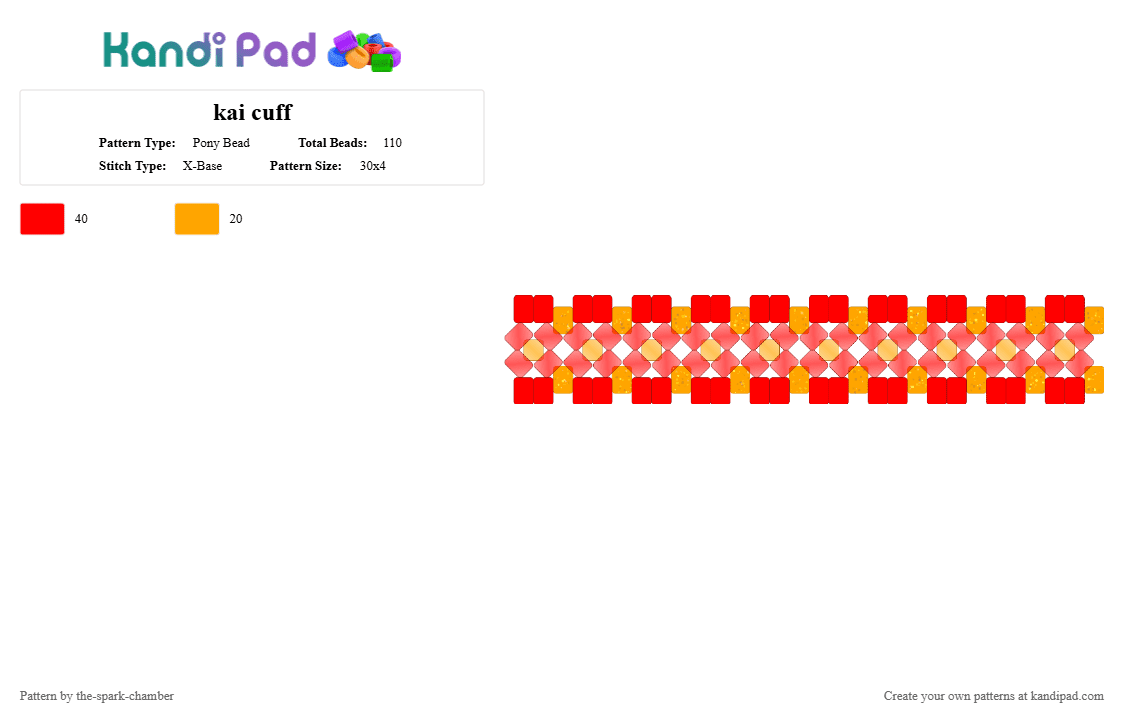 kai cuff - Pony Bead Pattern by the-spark-chamber on Kandi Pad - red,orange,gold,gitter,clear,sun color change,ninjago,hero