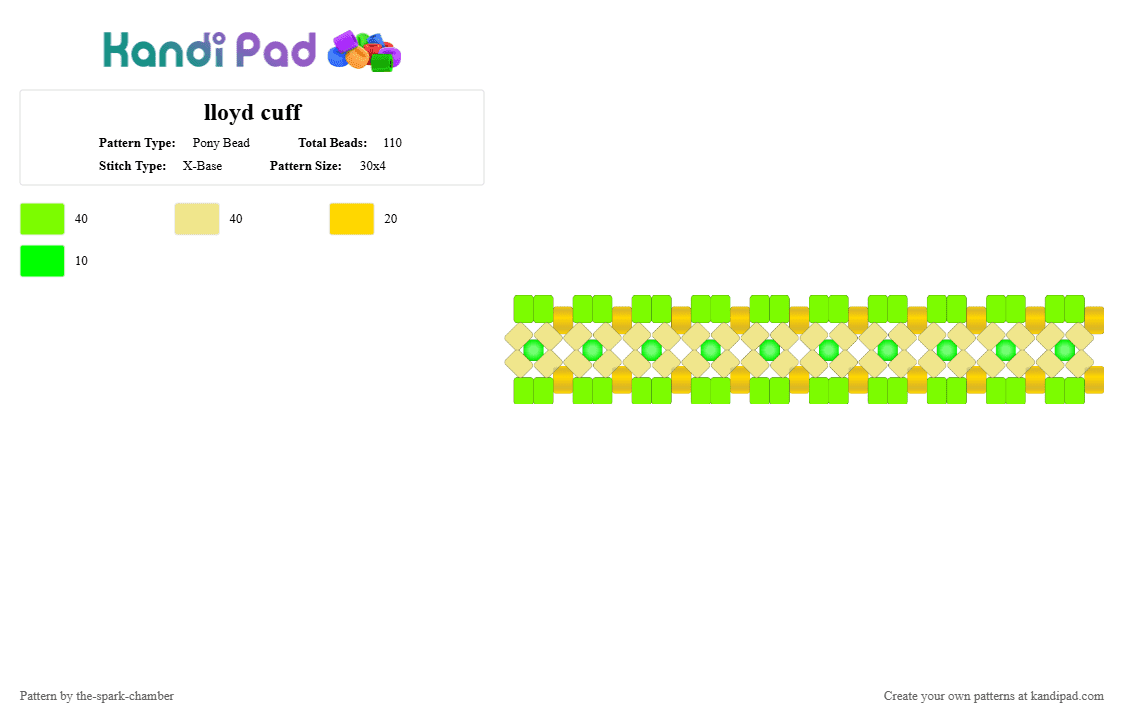 lloyd cuff - Pony Bead Pattern by the-spark-chamber on Kandi Pad - green,yellow,ninjago,gold,blonde,glow in the dark,hero,x cuff