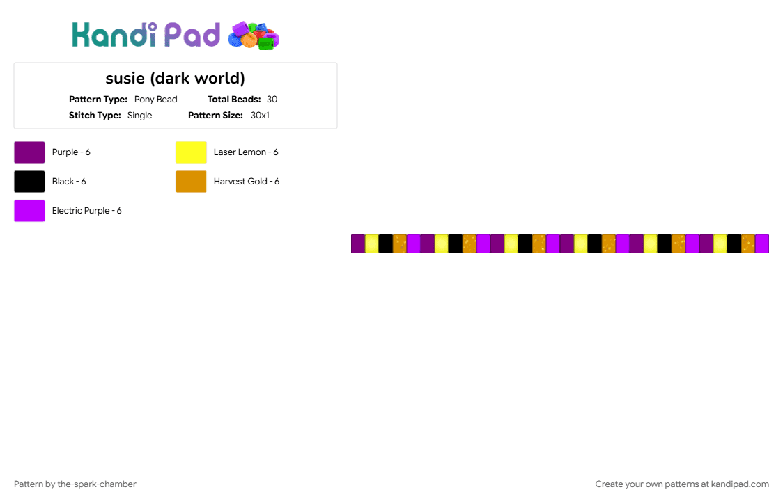 susie (dark world) - Pony Bead Pattern by the-spark-chamber on Kandi Pad - black, deltarune, glitter, glow in the dark, gold, orange, pink, purple, suise, yellow