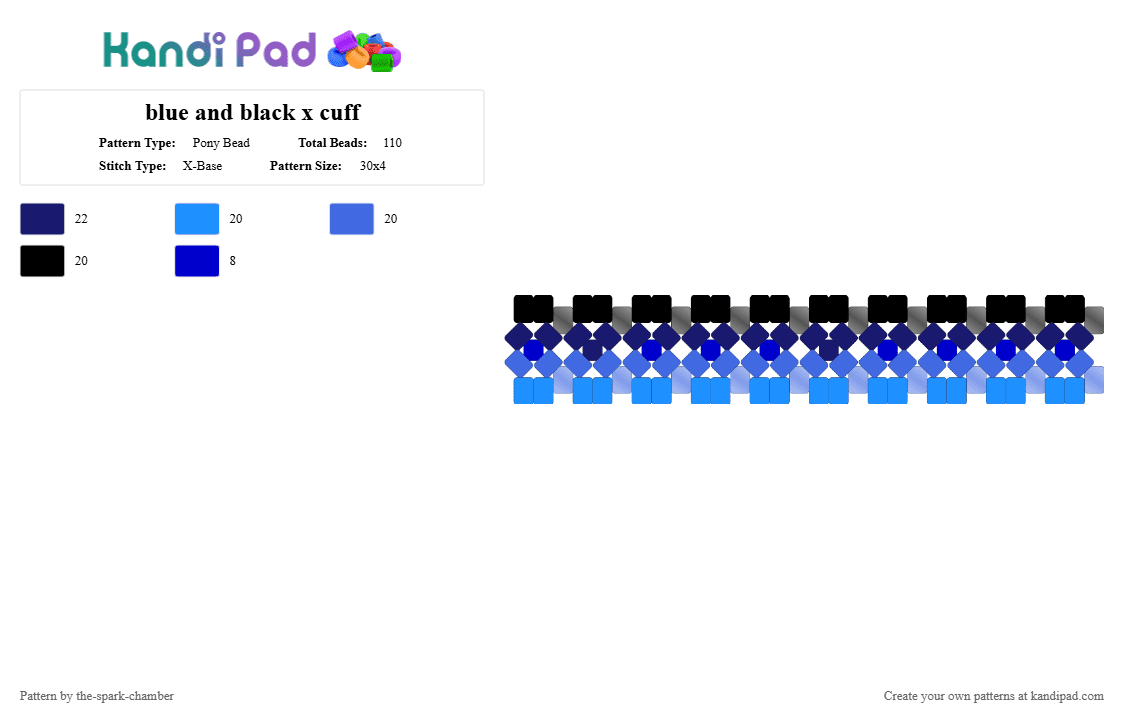 blue and black x cuff - Pony Bead Pattern by the-spark-chamber on Kandi Pad - blue,purple,black,clear