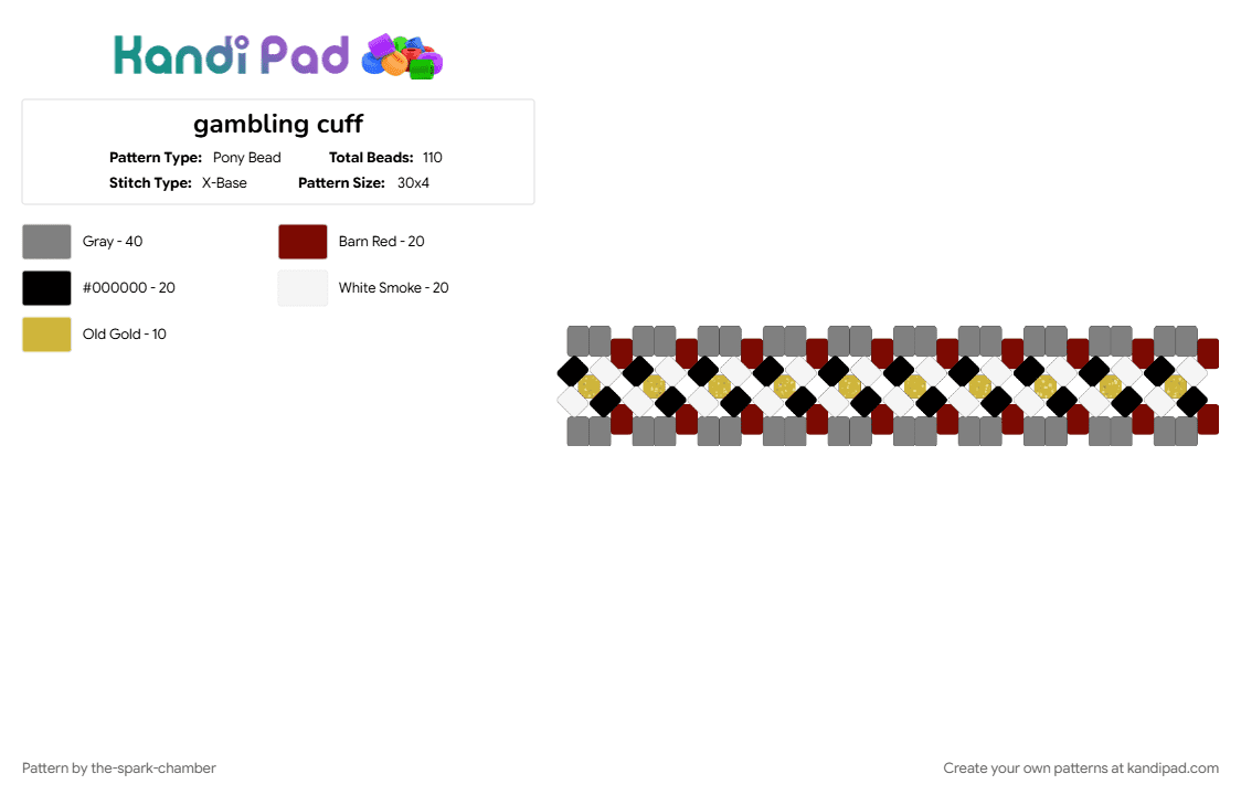 gambling cuff - Pony Bead Pattern by the-spark-chamber on Kandi Pad - black, gambling, glitter, gold, gray, red, white, x cuff