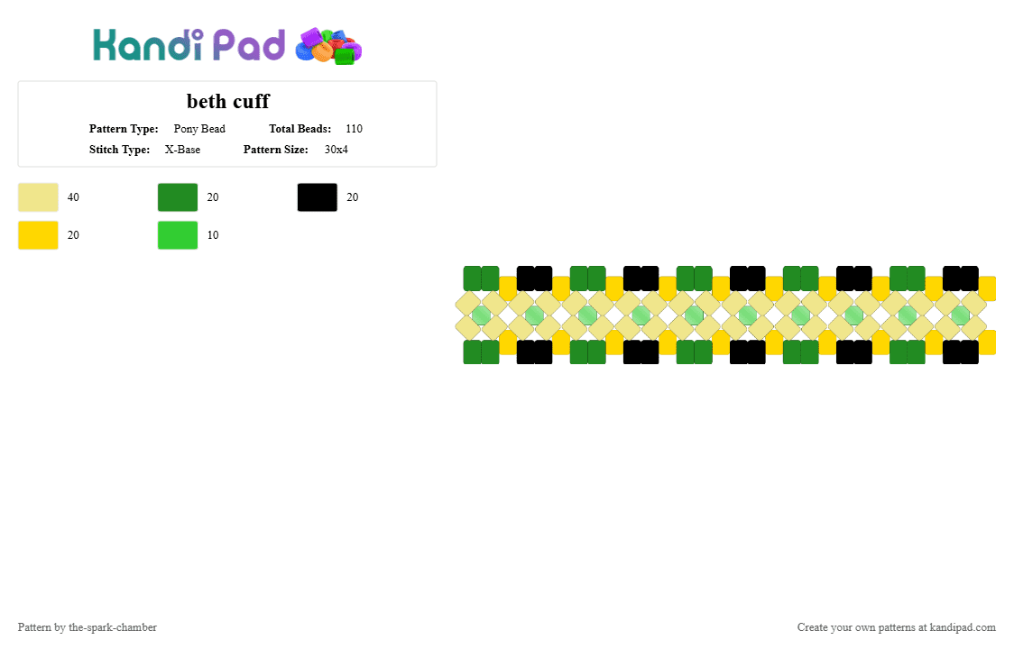 beth cuff - Pony Bead Pattern by the-spark-chamber on Kandi Pad - green,yellow,black,gold,begie,oc,clear