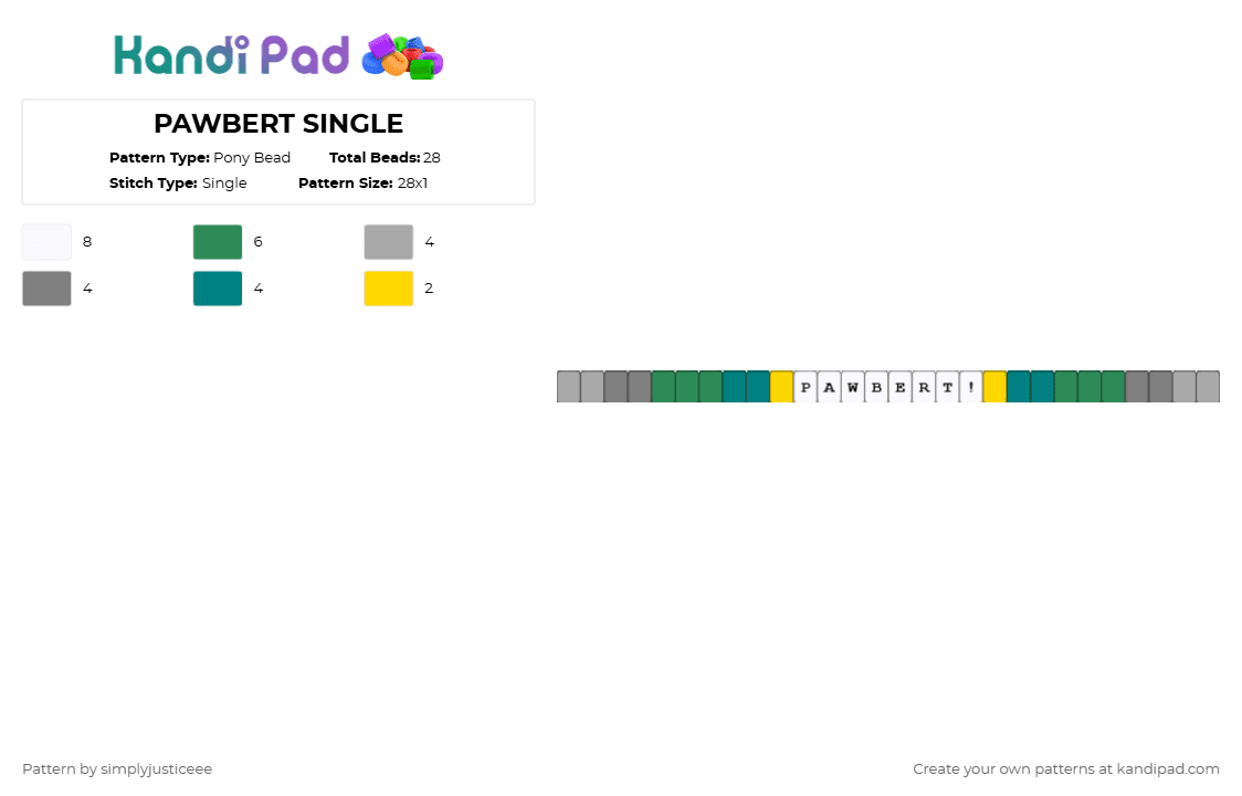 PAWBERT SINGLE - Pony Bead Pattern by simplyjusticeee on Kandi Pad - beige,gray,green,teal