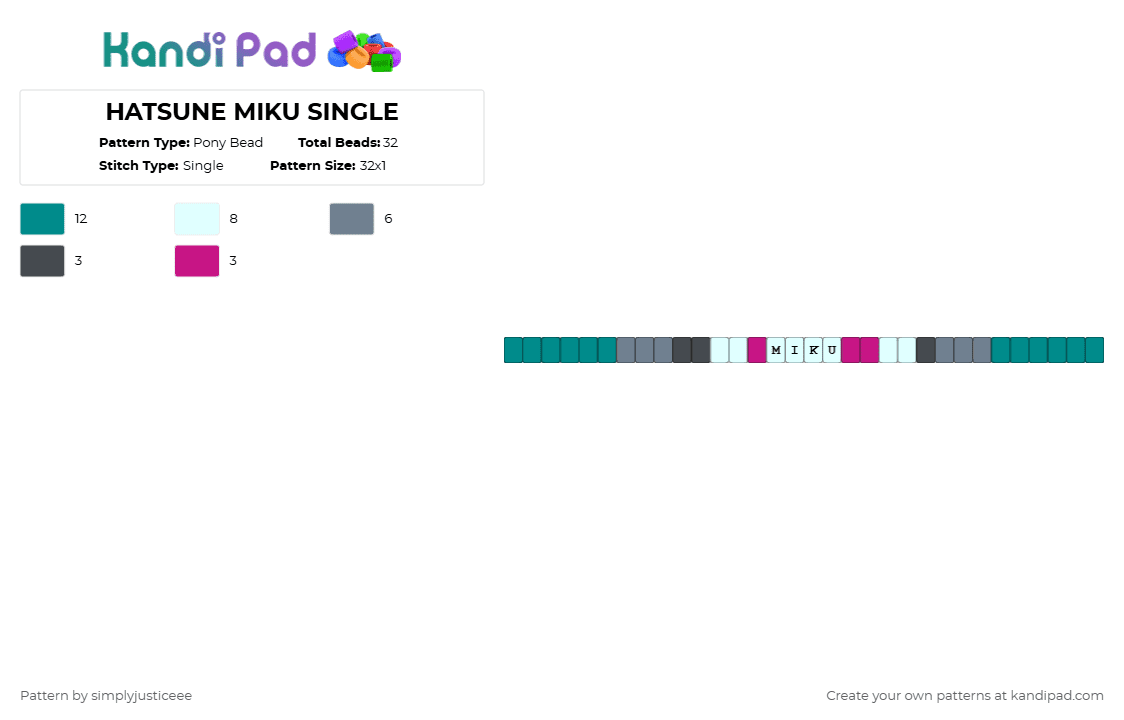 HATSUNE MIKU SINGLE - Pony Bead Pattern by simplyjusticeee on Kandi Pad - teal,gray