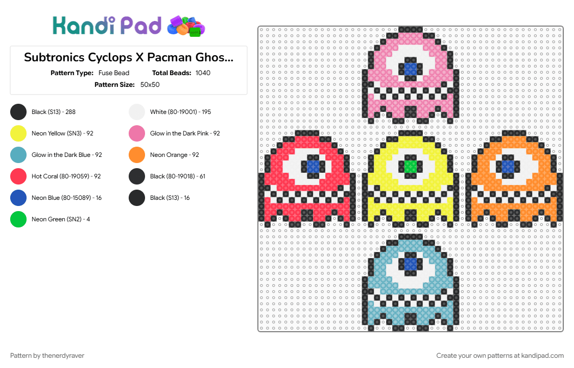Subtronics Cyclops X Pacman Ghost Sprites V2 - Fuse Bead Pattern by thenerdyraver on Kandi Pad - colorful, cyclops, ghost, orange, pacman, pink, subtronics