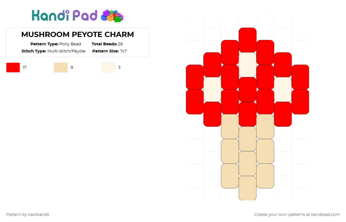 MUSHROOM PEYOTE CHARM - Pony Bead Pattern by kaziikandii on Kandi Pad - red,beige,mushroom,white,food,small