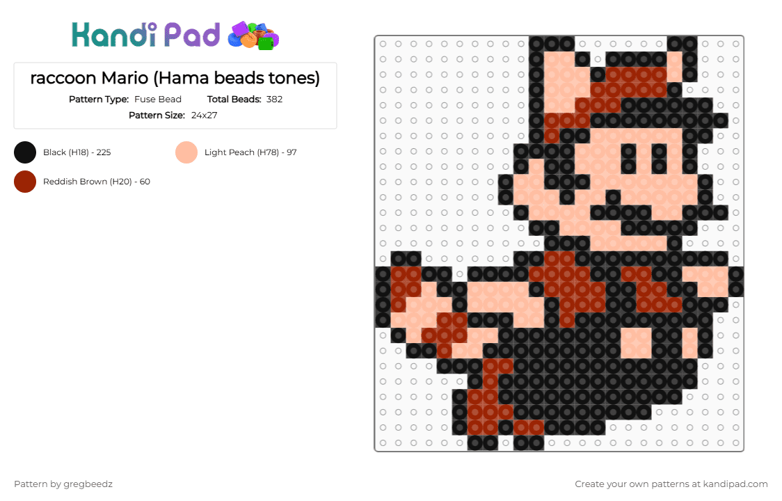 raccoon Mario (Hama beads tones) - Fuse Bead Pattern by gregbeedz on Kandi Pad - red,beige