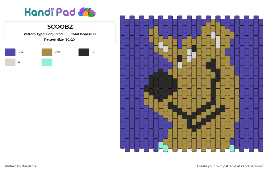 SCOOBZ - Pony Bead Pattern by theotrixia on Kandi Pad - scooby doo,dog,animal,character,mystery,cartoon,tv show,panel,nostalgia,blue,purple