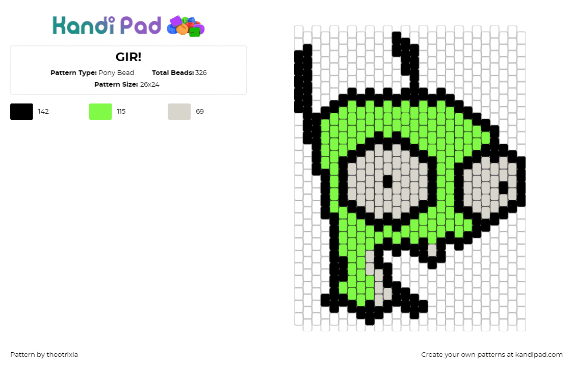 GIR! - Pony Bead Pattern by theotrixia on Kandi Pad - gir,invader zim,character,cartoon,alien,dog,green