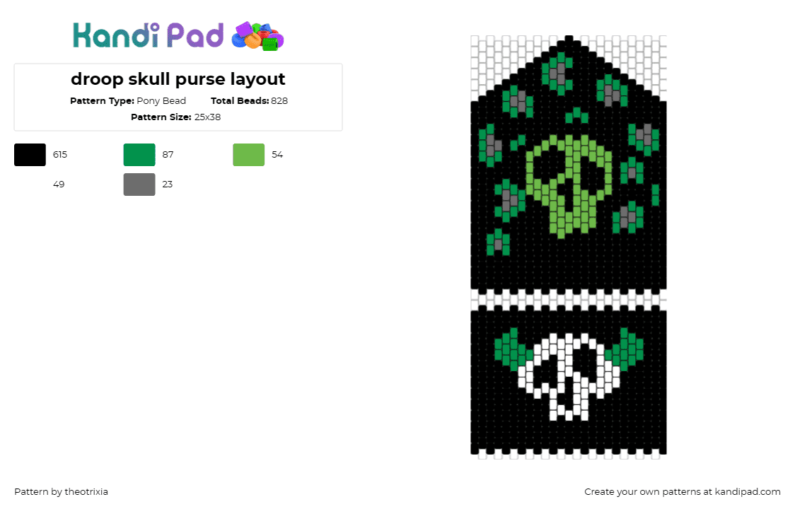 droop skull purse layout - Pony Bead Pattern by theotrixia on Kandi Pad - skulls,skeleton,spooky,bag,purse,panel,halloween,black,green