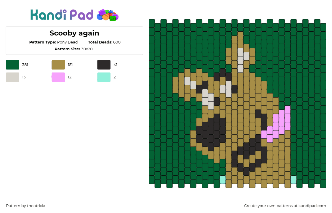 Scooby again - Pony Bead Pattern by theotrixia on Kandi Pad - scooby doo,dog,animal,character,mystery,cartoon,tv show,panel,tongue,nostalgia,green,brown