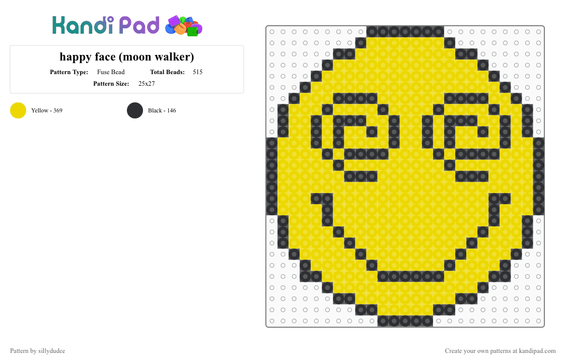 happy face (moon walker) - Fuse Bead Pattern by sillydudee on Kandi Pad - black,yellow