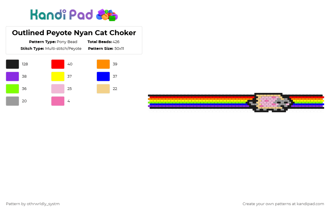 Outlined Peyote Nyan Cat Choker - Pony Bead Pattern by othrwrldly_systm on Kandi Pad - yellow,red,orange,purple,peyote,nyan cat,cat,choker,scene