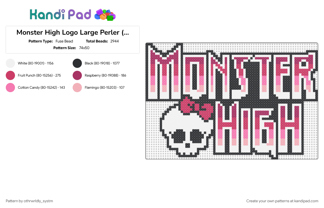 Monster High Logo Large Perler (Remix) - Fuse Bead Pattern by othrwrldly_systm on Kandi Pad - logo, mh, monster high, pink, skullette, white